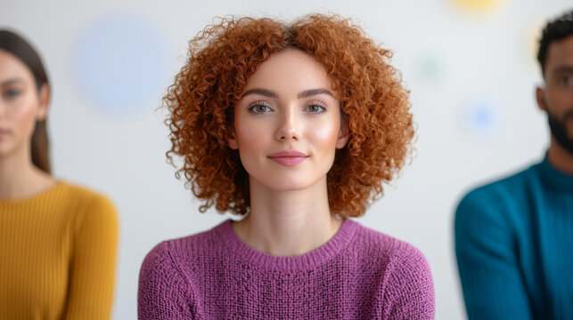 confident woman with curly red hair poses at skill building workshop - Powered by Adobe