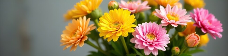 A colorful mix of yellow and pink flowers in a vase, flowers, blooms