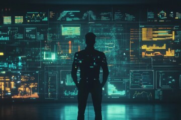 Human silhouette immersed in futuristic AI data visualizations and analytical graphs at a digital control center. Generative AI