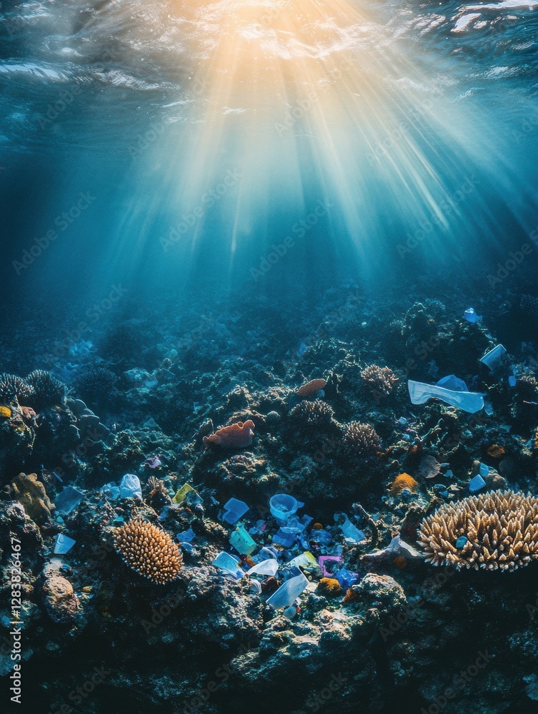 Poster underwater coral habitat affected by pollution with plastic waste in dim light rays filtering throug