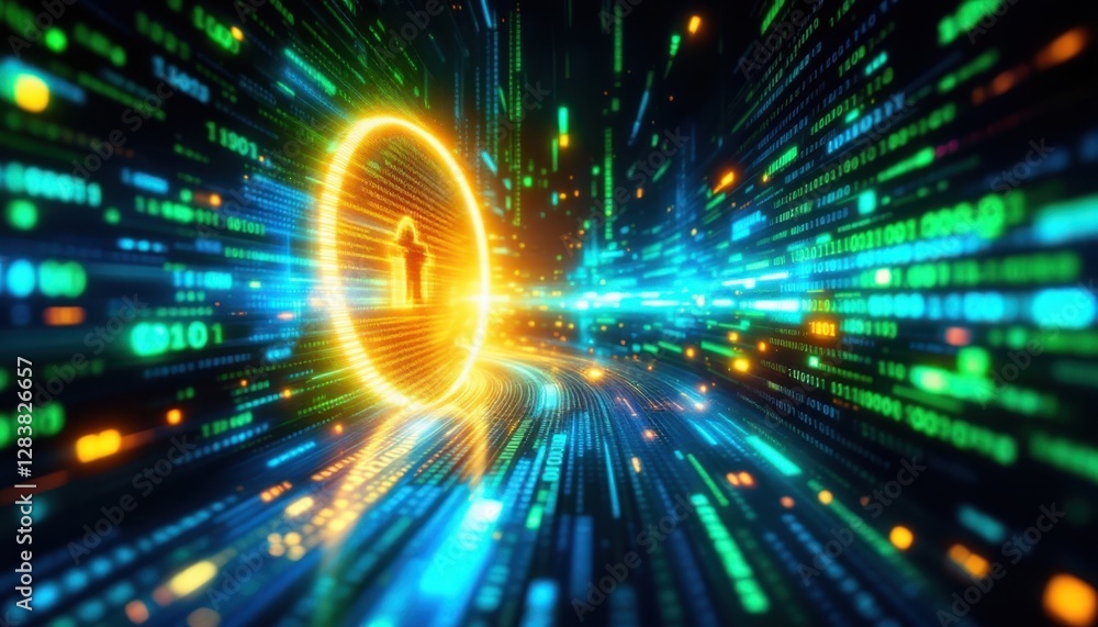Poster futuristic digital landscape with keyhole portal and glowing data streams