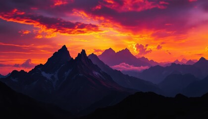 Breathtaking mountain range at sunset with vibrant red and purple skies
