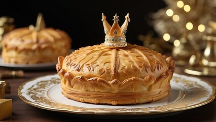 "Web banner with copy space, photo of Galette des Rois, traditional cake to celebrate Epiphany in January in France, panorama on a white background."