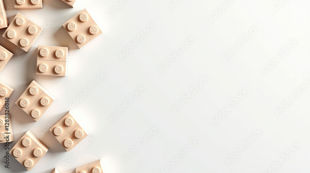 Poster a white background with a bunch of yellow and gray plastic bricks scattered around it. the bricks ar