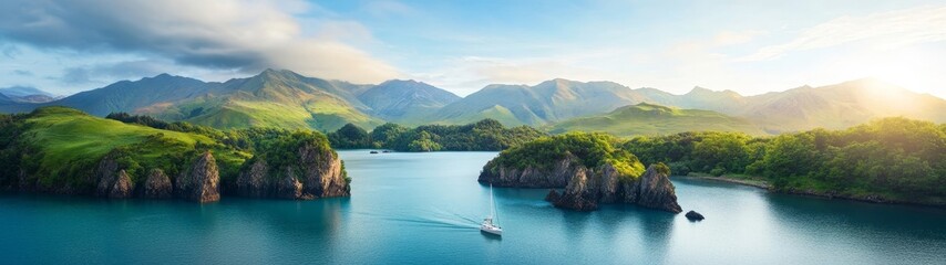 Obraz premium Stunning Coastal Landscape with Majestic Mountains and Serenity