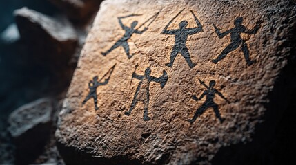 Ancient Rock Art Depicting Warriors Engaged in Battle with Weapons in a Cave Setting Surrounded by Textured Stone Surfaces and Shadows