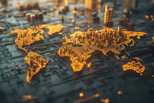 Futuristic digital world map with glowing golden cities integrated into a circuit board, symbolizing global connectivity, technology, and digital infrastructure in a modern, interconnected world - Powered by Adobe