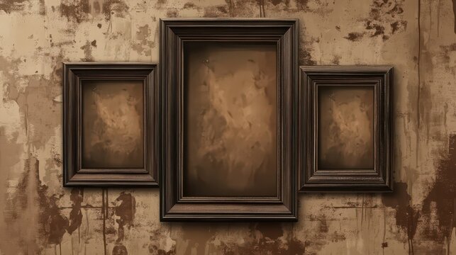 Antique empty wooden picture frames on rustic grunge wall background