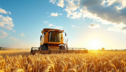 Obraz premium Yellow combine harvests wheat under a bright blue sky