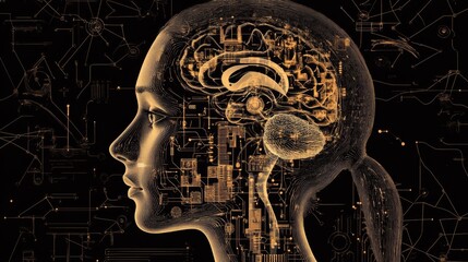 Outline of a human head filled with intricate diagrams representing the systems of artificial intelligence and technology. Generative AI