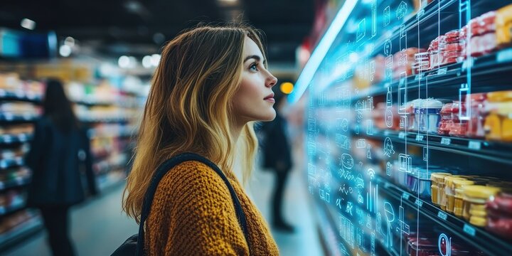 Customer using augmented reality to choose food products in supermarket