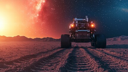 Fototapeta premium Vehicle Departing for Deep Space Exploration Under Cosmic Sky