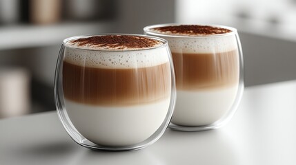 Two Latte Art Glasses on Table, Home Kitchen Background