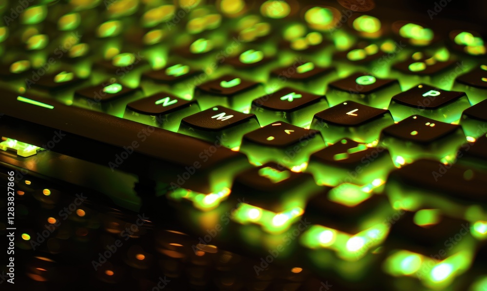 Poster a close-up view of a keyboard illuminated with vibrant green backlighting, showcasing a modern desig