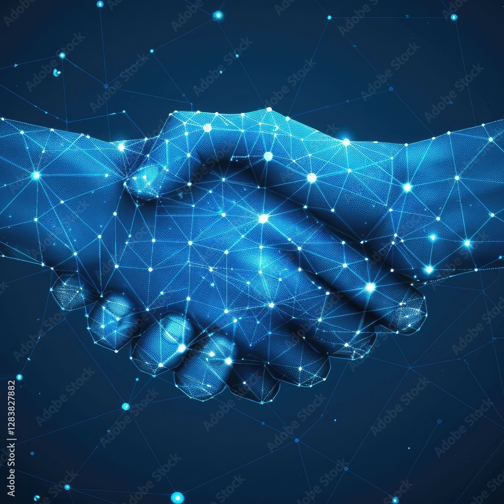 Poster a digital handshake symbolizing partnership and collaboration within a technological landscape, feat