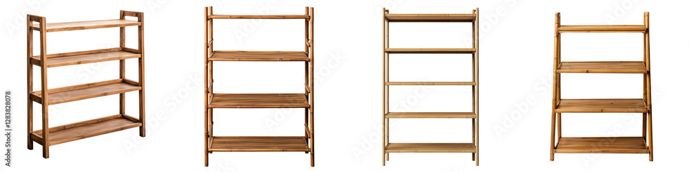 Poster empty wooden shelves or racks in various minimalist styles for home or office organization versatile
