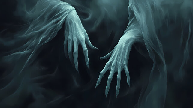 Ethereal hands reaching through a misty veil. Ghostly Hands Reaching Through Veil. Illustration