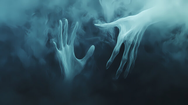 Ethereal hands reaching through a misty veil. Ghostly Hands Reaching Through Veil. Illustration