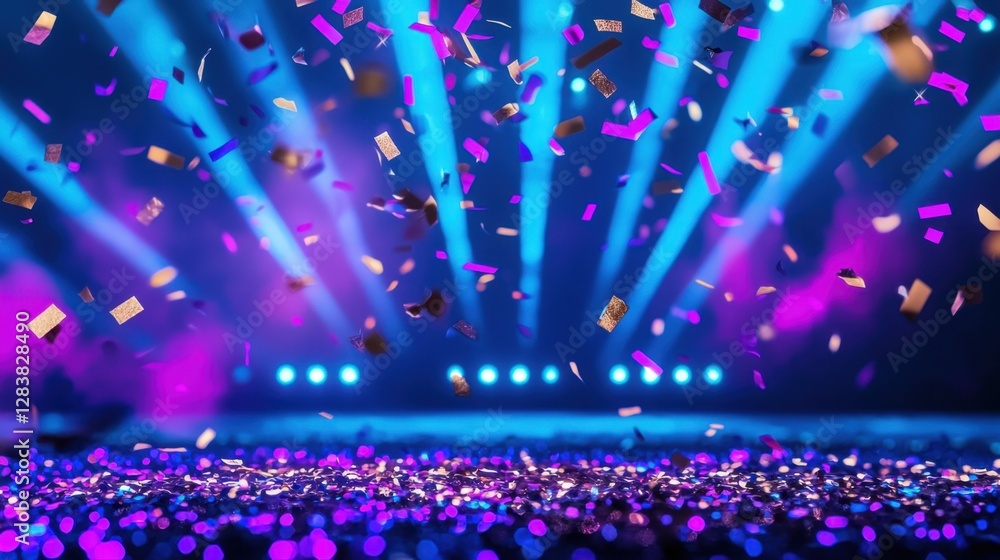 Poster colorful confetti falling from above with vibrant stage lights illuminating the scene creating a fes
