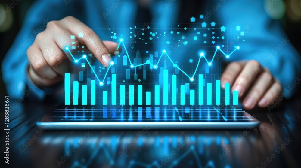 Poster a person interacts with a digital tablet displaying vibrant graphs and data visualizations, symboliz