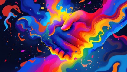 Vibrant colorful abstract art featuring handshake symbolizing unity and diversity