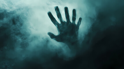 Hand reaching out through ethereal mist in a mysterious atmosphere. Ghostly Hands Reaching Through Veil. Illustration