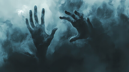 Hand reaching out through ethereal mist in a mysterious atmosphere. Ghostly Hands Reaching Through Veil. Illustration