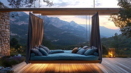 Fototapeta premium A luxurious swinging daybed with plush cushions and a velvet canopy cover, suspended on a polished teak frame, placed on a spacious wooden deck overlooking mountains,