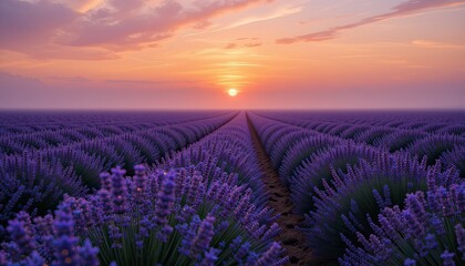 Obraz premium Lavender Field at Sunrise with Mist