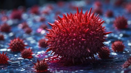 **"Scientific Research Analysis Concept Banner: Blue-Toned Magnified View of Red COVID Virus"**