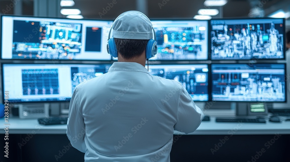 Poster automation factory and ai integration, a technician monitors multiple screens in a high-tech control