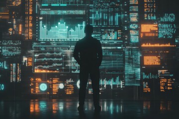 Human silhouette surrounded by futuristic AI data visualizations and analytical charts in a modern, technological environment at night. Generative AI