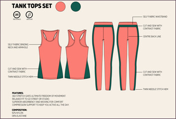 Ladies Sports Tank Top and Leggings Technical Fashion Sketch Tech Pack. 