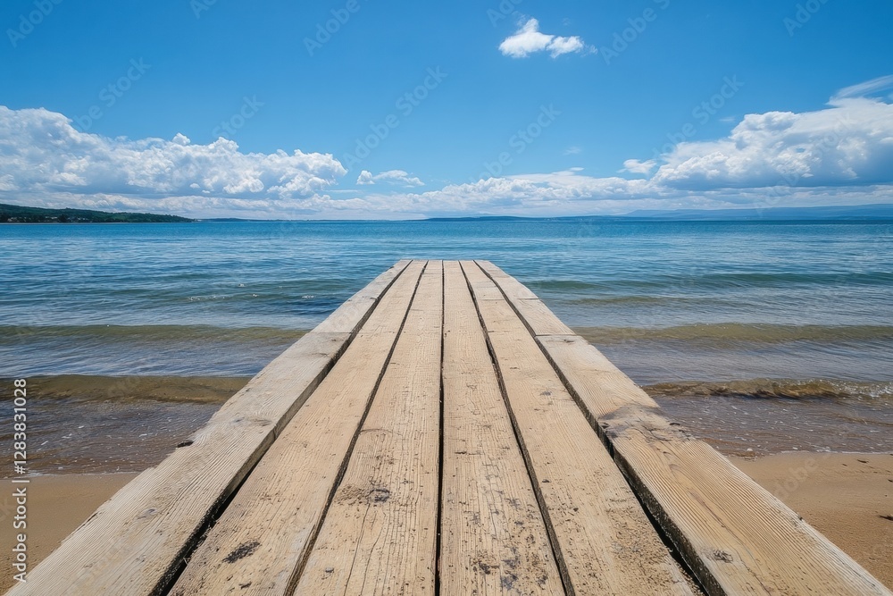 Poster wooden dock extending into clear blue water on a sunny day filled with scattered clouds. generative 