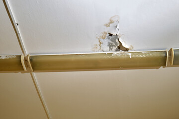 Damaged ceiling with water stains and peeling paint near fluorescent light fixture. Structural deterioration and leakage issue in interior space.