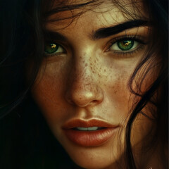 Fototapeta premium The image is a close-up portrait of a person with green eyes, freckles, and long dark hair. The background is dark, which contrasts with the person's skin and hair