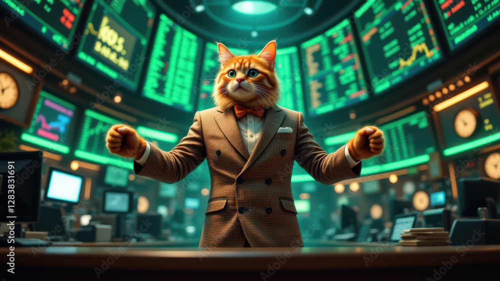Poster cat trader on a computer screen celebrating.