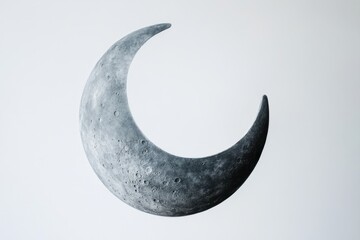 The gray crescent moon floating against a blank white background