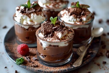 Chocolate Mousse with Fresh Mint, Velvety Dark Chocolate Mousse Garnished with Mint Leaves, Whipped Cream, and a Drizzle of Chocolate Sauce, Indulgent Dessert Isolated on Background with Copy Space.