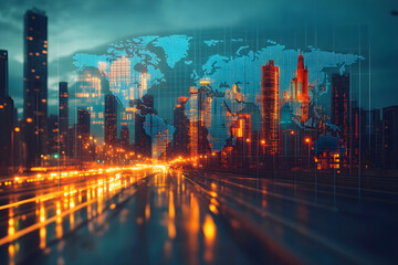 Futuristic cityscape with glowing skyscrapers and digital world map overlay, symbolizing global connectivity, technology, and smart cities in a high-tech, interconnected world
