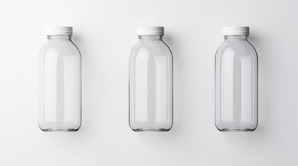 Clear Glass Bottles with White Lids on Minimalist White Background