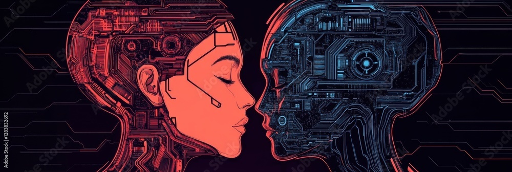 Aufkleber human head merging with mechanical components shows the evolution of technology and humanity in a fu