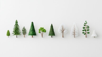 Obraz premium Decorative Representation of Various Tree Types in a Minimalistic Style Displayed on a White Background for Nature or Eco-Friendly Themes