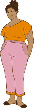 illustration d'une femme brune en pantalon aux courbes g&eacute;n&eacute;reuses