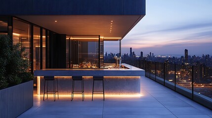 A modern outdoor bar set with sleek metal stools and a built-in ice bucket, placed on a rooftop patio with panoramic city skyline views, soft evening lighting, luxurious and functional design,