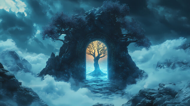 Gates of valhalla, portal with glowing runes, the tree of life stands in the sea of clouds, norse mythology, high detail fantasy illustration. Portal to the Netherworld. Illustration