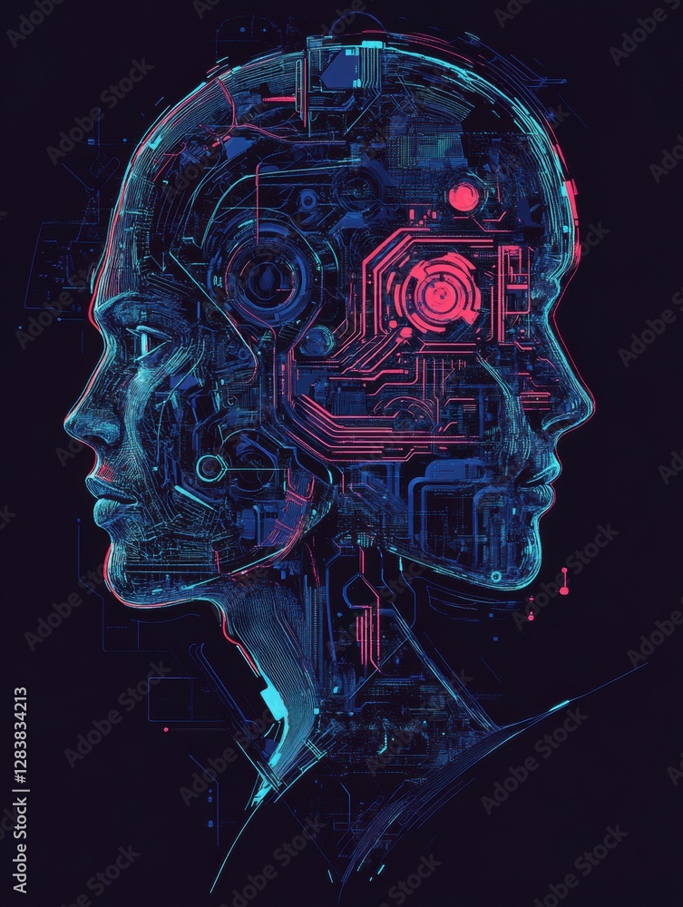 Poster human head outline merges with mechanical design, showcasing intricate cybernetic features and futur