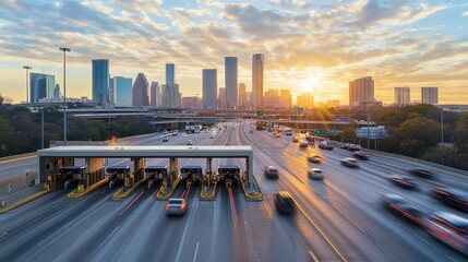 A toll booth near a major highway interchange. Featuring heavy traffic and urban backdrop