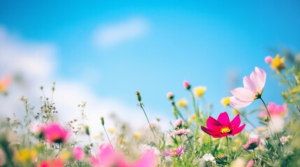 Obraz premium Close-up of vibrant wildflowers, including pink cosmos, green grass, and bright colors. Bokeh effect and natural sunlight create a dreamy summer atmosphere.