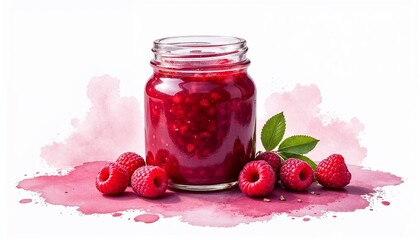 Raspberry jam in glass jar with fresh raspberries on white background